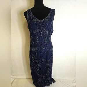Pisarro Nights Dress Beaded Mesh Colum Gown Navy Blue Size 12